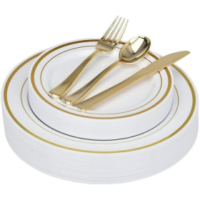 125 Piece Disposable Plastic Dinnerware Set, Gold, by Stock Your Home