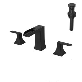 New Waterfall Bathroom Sink Faucet 3 Hole Dual Handle 8 Inch Bath Faucet with Plastic Perforated Drainer (Color: Black)